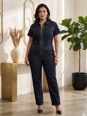 Goddess Plus Size 18 Denim Jumpsuit Rhinestone Belted Western Boho Y2K Flare XL